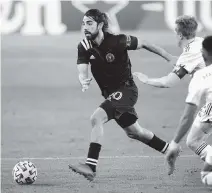  ?? MARK HUMPHREY AP ?? Inter Miami midfielder Rodolfo Pizarro goes for the ball during the team’s 3-0 playoff loss to Nashville SC late Friday night.