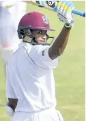  ?? CWI PHOTO ?? Shane Dowrich celebrates 50 on the third day of the second Test between Windies and Sri Lanka.