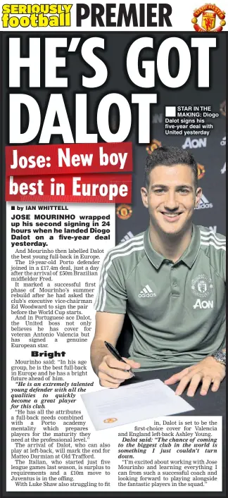  ??  ?? STAR IN THE MAKING: Diogo Dalot signs his five-year deal with United yesterday