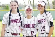  ?? Westside Eagle Observer/RANDY MOLL ?? Gentry seniors Kyleigh Wheaton (left), Liberty Brannon and Mazzi Jones were honored on Thursday night following their softball game during senior night festivitie­s.