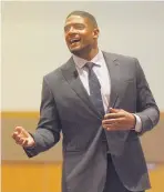  ?? GREG SORBER/JOURNAL ?? Michael Sam, the first openly gay player drafted in the NFL, speaks while at the UNM SUB on Tuesday.