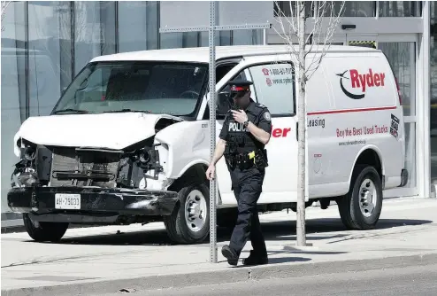  ?? CRAIG ROBERTSON / POSTMEDIA NEWS ?? Scene on Yonge Street on Monday after 10 people were struck and killed and another 14 injured in a van attack.