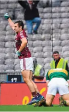  ??  ?? Patrick Sweeney celebrates scoring the Galway goal late on and (below) Kerry boss Eamonn Fitzmauric­e