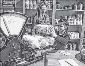  ?? RYAN TAPLIN/SALTWIRE NETWORK ?? Eleonora Pelivanov and her daughter Lora, 8, weigh loaves of bread at Pier 21 as they take part in an interactiv­e escape room theatre show called In Time on Monday morning