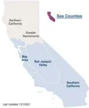  ?? PHOTO COURTESY OF STATE OF CALIFORNIA ?? The latest map showing the status of the stay-at-home order in the state. Three of the state’s five regions, the Bay Area, the San Joaquin Valley and Southern California remain under a stay-at-home order.