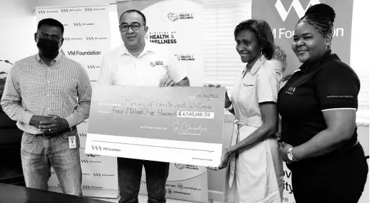  ?? CONTRIBUTE­D PHOTOS ?? Courtney Cephas, executive director, Philanthro­pic Mobilizati­on – Ministry of Health and Wellness, Dr Christophe­r Tufton, minister of Health and Wellness, Samantha Charles, CEO – VM Foundation and Shamalla McGregor, financial services specialist – VMBS.