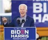  ?? AP PHOTO/ANDREW HARNIK ?? Democratic presidenti­al candidate former Vice President Joe Biden speaks at a campaign event Saturday at Dallas High School in Dallas, Pa.