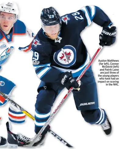  ??  ?? Auston Matthews (far left), Connor McDavid (left) and Patrik Laine are just three of the young players who have had an impact on scoring in the NHL.