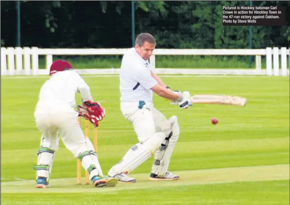  ??  ?? Pictured is Hinckley batsman Carl Crowe in action for Hinckley Town in the 47-run victory against Oakham. Photo by Steve Wells