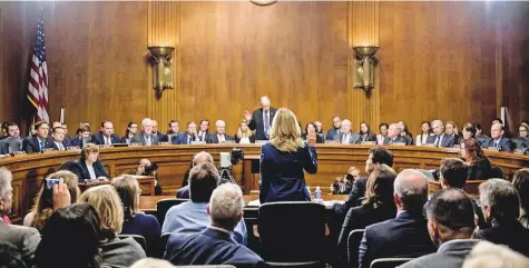  ?? Reuters ?? Professor Christine Blasey Ford, who accused US Supreme Court nominee Brett Kavanaugh of a sexual assault in 1982, is sworn in to testify before a Senate Judiciary Committee confirmati­on hearing for Kavanaugh in Washington yesterday.