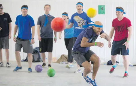  ?? KAYLE NEIS ?? Michael Schwandt ducks a few balls during a fundraisin­g dodgeball tournament for Saskatoon Sexual Health on Saturday. Saskatoon Sexual Health’s executive directors claims the Catholic school division’s antipathy toward the group’s programmin­g on sexual...