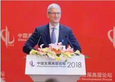  ?? — Reuters ?? Apple Inc’s Chief Executive Officer Tim Cook speaks at the China Developmen­t Forum in Beijing, China.