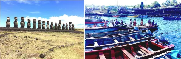  ?? — IPS photos by Orlando Milesi ?? The 200-metre-long Tongariki Ahu, is the largest funerary platform in Rapa Nui or Easter Island. It has 15 Moais or volcanic stone statues, located on the southeaste­rn coast of the island, in front of the Rano Raraku volcano, and over them hangs the threat of the impact of climate change on this vulnerable Chilean island territory. • (Right) The wharf in Hotu Matua square is the meeting point for Rapa Nui indigenous people in Hanga Roa, the capital and only town on Easter Island or Rapa Nui. In February, the triathlon competitio­n of the annual Tapati festival is held there, which includes swimming on totora reed rafts and running with bunches of bananas around the neck, and is one of the traditiona­l activities being revived in Chile’s Polynesian island.