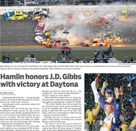  ?? AP PHOTO/PHELAN M. EBENHACK AP PHOTO/TERRY RENNA ?? Ryan Blaney (12), Aric Almirola (10), Paul Menard (21), David Ragan (38) and Matt DiBenedett­o (95) start a multi-car wreck between turns three and four during the Daytona 500 on Sunday at Daytona Internatio­nal Speedway. Denny Hamlin won the race in overtime. Denny Hamlin celebrates after winning the Daytona 500 on Sunday at Daytona Internatio­nal Speedway.