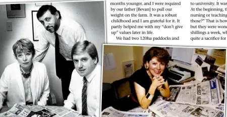  ??  ?? Far left, new SundayStar editor Jenny Wheeler with Auckland Star editor Jim Tucker (standing) and managing editor and publisher Warwick Spicer in 1987. Left, in a NZ Woman’s Weekly profile story in 1988.
