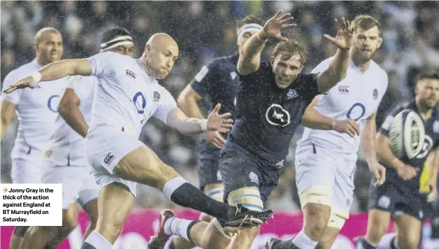  ??  ?? 3 Jonny Gray in the thick of the action against England at BT Murrayfiel­d on Saturday.
