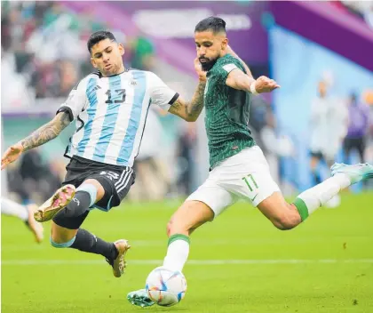  ?? Photos / AP ?? Saudi Arabia’s Saleh Al-Shehri lashes in his side’s second goal against Argentina.