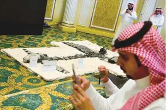  ?? AP ?? The wreckage of suicide drones displayed at a press conference in Al Khobar city on Monday. ■