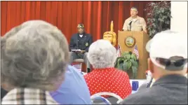  ?? STAFF PHOTO BY CHARLIE WRIGHT ?? Command Master Chief Jacob Bristow of the U.S. Navy addresses Indian Head residents at the town’s Memorial Day ceremony on Tuesday.