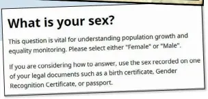  ??  ?? CONTROVERS­IAL: This year’s Census says you can use the sex on your Gender Recognitio­n Certificat­e or passport when answering what is your sex