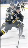  ?? JEREMY FRASER/CAPE BRETON POST ?? Alex Drover of the Cape Breton Screaming Eagles chases down a loose puck as Colin Van Den Hurk of the Charlottet­own Islanders follows during Quebec Major Junior Hockey League preseason action at Centre 200 on Friday.