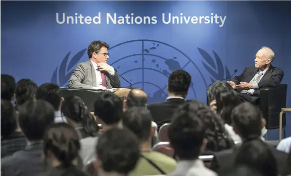  ?? United Nations University ?? United Nations University rector David Malone, right, says the institutio­n is working on all 17 of the UN’s sustainabl­e developmen­t goals