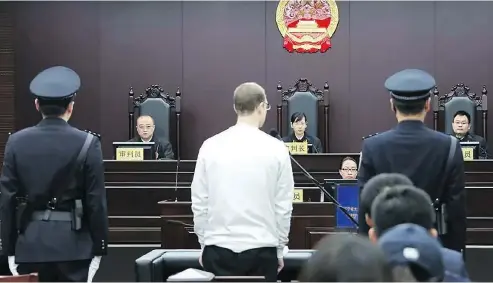  ?? INTERMEDIA­TE PEOPLES’ COURT OF DALIAN / AFP ?? Canadian Robert Lloyd Schellenbe­rg at his retrial on drug traffickin­g charges in the court in Dalian in China’s northeast Liaoning province.