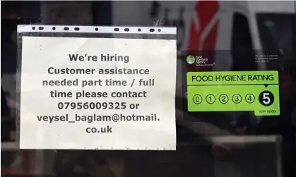  ?? Photograph: Paul Ellis/AFP/Getty Images ?? An ad for staff in Keswick, Cumbria. ‘Ministers now turn away low-paid migrants, while opening their arms to top-earning migrants. That leaves a lot of farms, bars, hotels and restaurant­s begging for staff.’