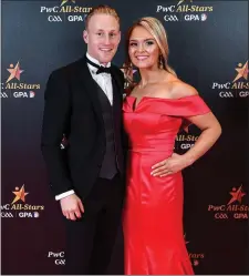  ??  ?? Diarmuid O’Keeffe at the All Stars awards ceremony with Megan Burns, whose father, Jarlath, the former Armagh footballer, is bidding to become the next President of the G.A.A.