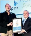  ??  ?? Emirates Inflight Entertainm­ent and Connectivi­ty Customer Experience Divisional Vice-president Patrick Brannelly receives the Passenger Choice award for Best Entertainm­ent at the 2017 APEX Passenger Choice Awards