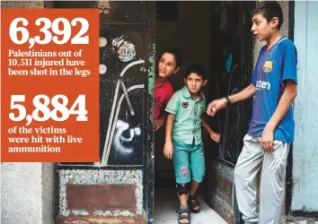  ?? AP ?? Mohammad Al Dalo, 8 (centre), who was shot in the leg during a demonstrat­ion, stands at the entrance of his house in Gaza City. Since March, UN figures show that 948 children under 18 have been shot by Israeli occupation forces and 2,295 have been hospitalis­ed.