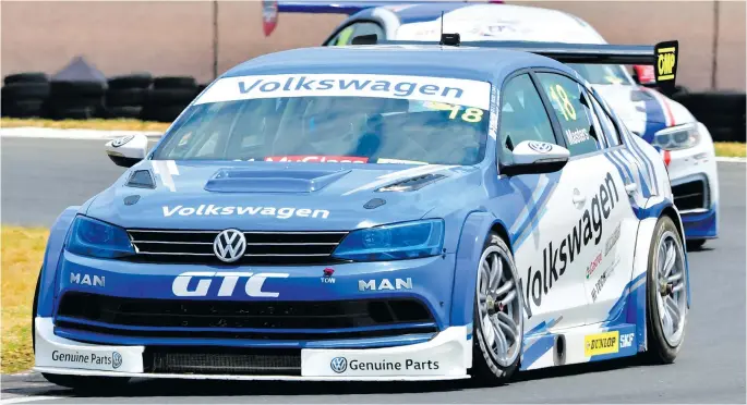  ?? Pictures: Dave Ledbitter. ?? CHAMPION. Keagan Masters takes his Volkswagen Motorsport Jetta to this year’s South African Global Touring Car drivers’ championsh­ip at Red Star Raceway near Delmas on Saturday.