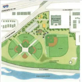  ?? MILWAUKEE COUNTY PARKS ?? Proposed Felix Mantilla Little League baseball diamonds at Milwaukee County's Baran Park. Three league diamonds and a smaller T-ball field would be located south of a high school regulation field, as part of a Journey House plan to invest $2.8 million...