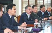  ?? BEE JAE-MAN / YONHAP VIA ASSOCIATED PRESS ?? ROK President Moon Jae-in speaks during a meeting to prepare a planned summit with Pyongyang in Seoul on Wednesday.