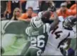  ?? BILL KOSTROUN — THE ASSOCIATED PRESS ?? New York Jets defensive back Marcus Maye breaks up a pass to Denver Broncos’ Courtland Sutton during Sunday’s game.
