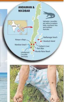  ?? PHOTOS: OMKAR KHANDEKAR ?? (Above) Shankar Biswas was attacked in his field. (Left) After a croc attack at Wandoor, in November, the ‘Safe for Swimming’ board was replaced by warning signs. Streams, creeks and coasts in the south Andamans are similarly dotted with signposts that say: ‘Never dangle hands or legs during boat rides’, ‘Please avoid entering into the sea’ and even, ‘Survivors will be prosecuted’.