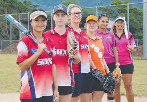  ?? ?? Softball FNQ players Hirari Kurihara, Keely Henderson, Sonya Fleischfre­sser (Red Sox), Vanessa Fantin (Hooters), Jeorjah Minniecon and Bonnie Minniecon (Hawks) ready for the new season. Picture: Rowan Sparkes