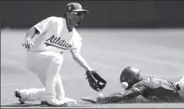  ?? NHAT V. MEYER/TRIBUNE NEWS SERVICE ?? Texas Rangers' Delino DeShields (3) slides safely into second base on his steal against Oakland Athletics' Marcus Semien (10) on Sept. 9, 2018 in Oakland.