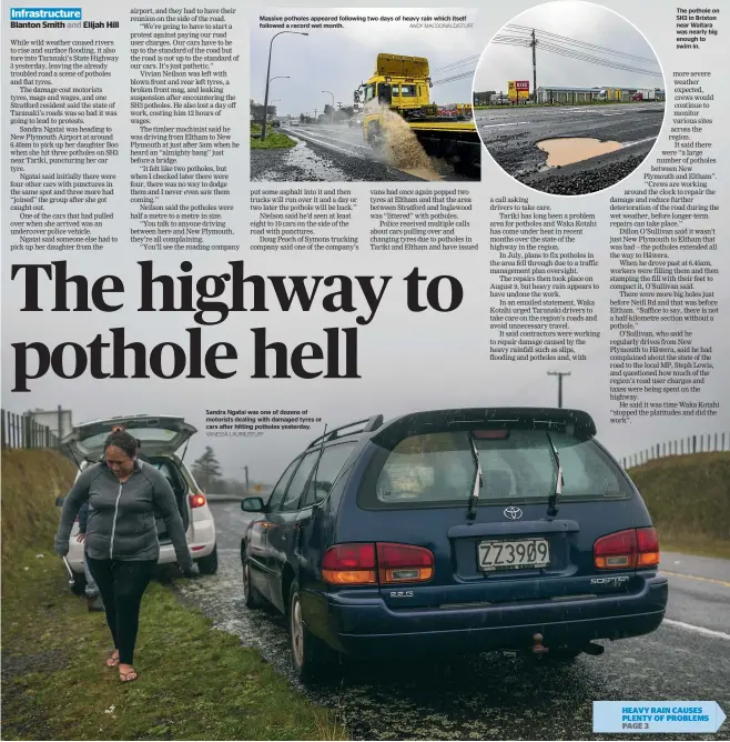  ?? VANESSA LAURIE/STUFF ?? Sandra Ngatai was one of dozens of motorists dealing with damaged tyres or cars after hitting potholes yesterday.
The pothole on SH3 in Brixton near Waitara was nearly big enough to swim in.