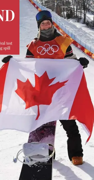  ?? JONATHAN HAYWARD/THE CANADIAN PRESS ?? Still sporting a black eye and cut cheek from a Friday crash in training that landed her in hospital, Canadian Laurie Blouin braved the elements and reached the podium with slopestyle silver. More, S4