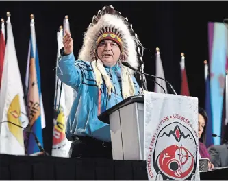  ?? JUSTIN TANG THE CANADIAN PRESS ?? National Chief of the Assembly of First Nations Perry Bellegarde speaks during the AFN Special Chiefs Assembly in Gatineau, Que., on Tuesday.