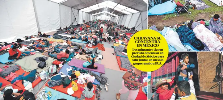  ?? FOTOS: AP/AFP ?? (1) Decenas de migrantes descansan en colchones en un complejo deportivo en la capital de México. (2) Recibieron colchones y cobijas. (3) Varios llegaron en camiones, como esta familia.