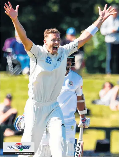  ?? Picture / Photosport ?? New Zealand bowler Tim Southee appeals for another victim during his haul of five wickets yesterday.