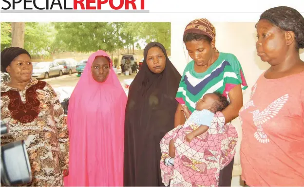  ??  ?? From left: Nurse Ogugua Okoh, Aisha, Hauwa’u, Joy with the baby and Grace