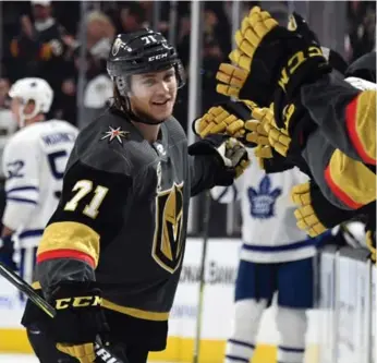  ?? ETHAN MILLER/GETTY IMAGES ?? William Karlsson’s empty-netter capped the first hat trick in the Golden Knights’ brief but successful history.