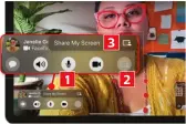  ?? ?? To share your screen in a Facetime call, tap the screen to bring up the controls (1), then the Share icon (2) followed by Share My Screen (3)