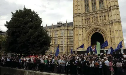  ?? Photograph: Matt Dunham/AP ?? ‘The overwhelmi­ng majority of MPs share a respect for our representa­tive democracy.’ Demonstrat­ors in Westminste­r on Wednesday after Boris Johnson announced the shutdown of parliament.