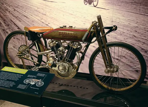  ?? ?? Above: Another eight-valve V-twin, in Harley-Davidson’s museum. When new, the Harley cost $1500, a staggering sum. An Indian Powerplus was $290.