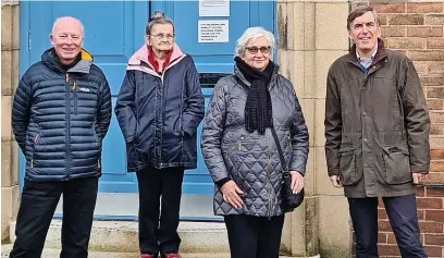  ?? ?? ●●Outside Morton Jubilee Hall are (from left) treasurer Mike Melia, trustee Christine Tomlinson, outgoing chair Jacqui Whibberley, and MP David Rutley