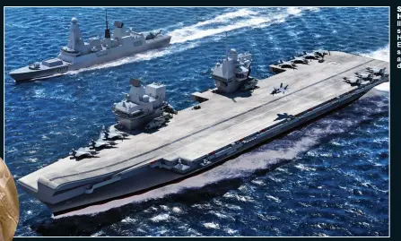  ??  ?? SHORT HANDED? Illustrati­on showing HMS Queen Elizabeth sailing with an escort destroyer